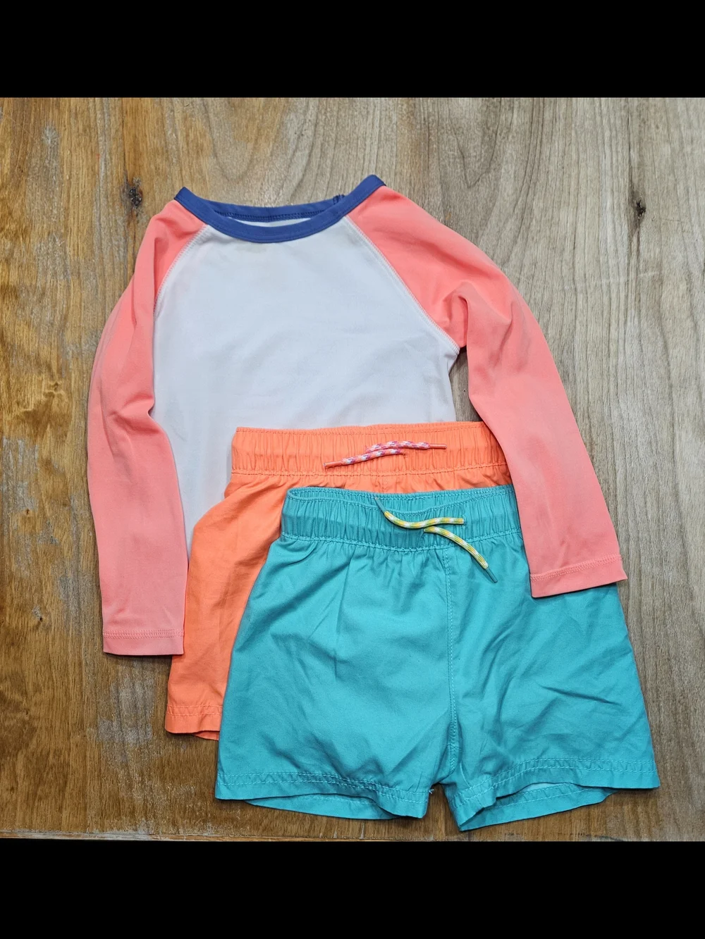 Toddler Rash Guard Set with Orange Sleeves and Teal And Orange Swim Shorts